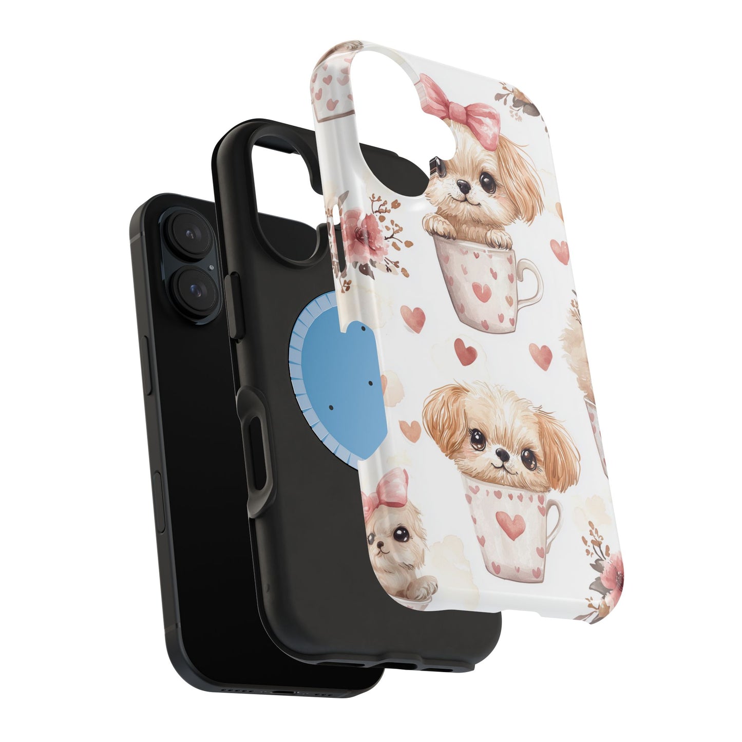 Cute Puppies in Heart MagSafe iPhone Case – Adorable Dog & Floral Design, Shockproof & Slim