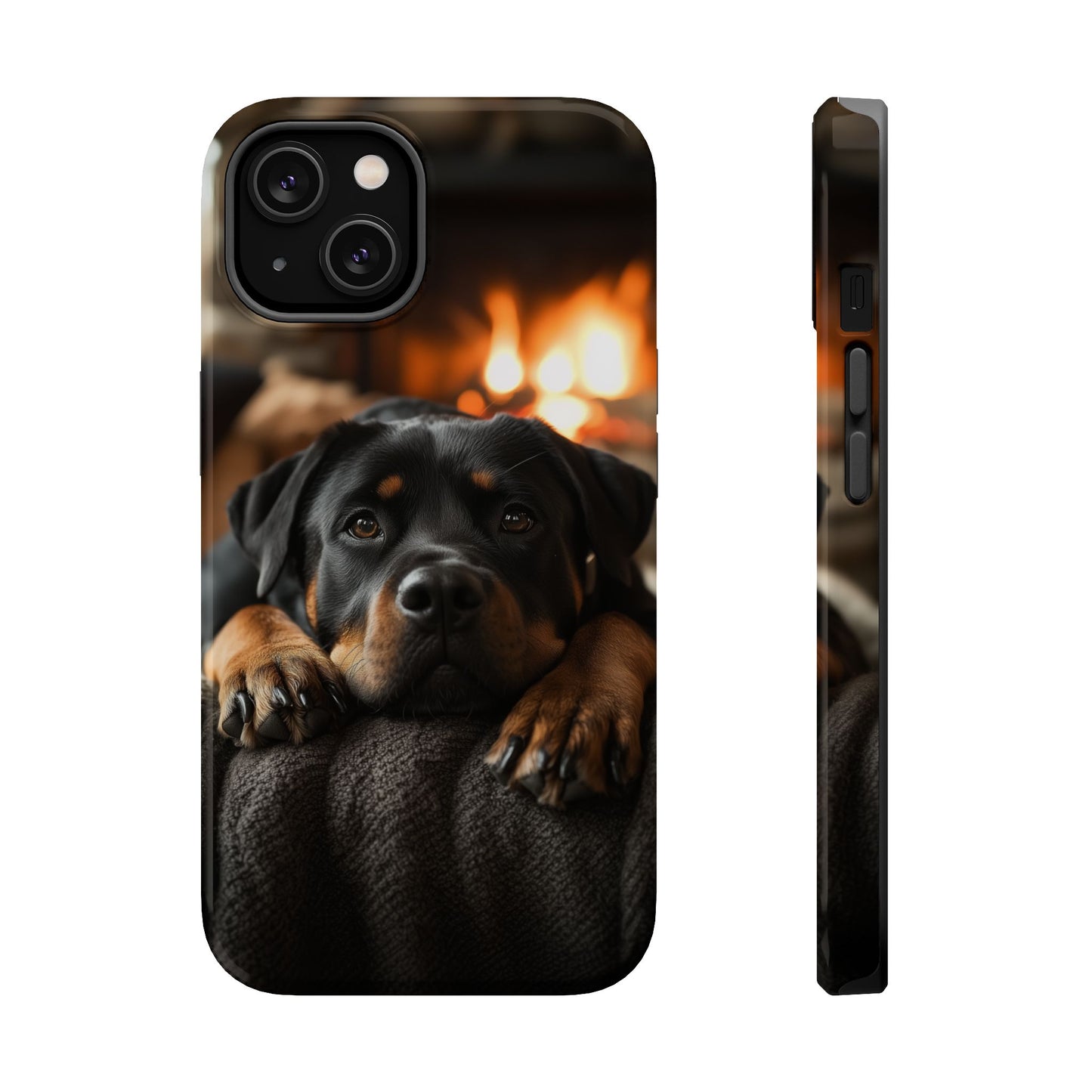 Cozy Rottweiler by the Fireplace MagSafe iPhone Case – Warm Rustic Design