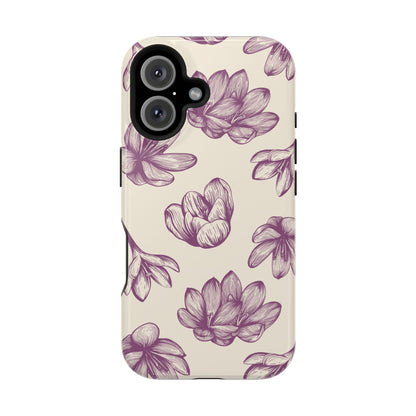 Vintage Botanical Floral Tough MagSafe iPhone Case – Hand-Drawn Purple Flowers, Shockproof Design