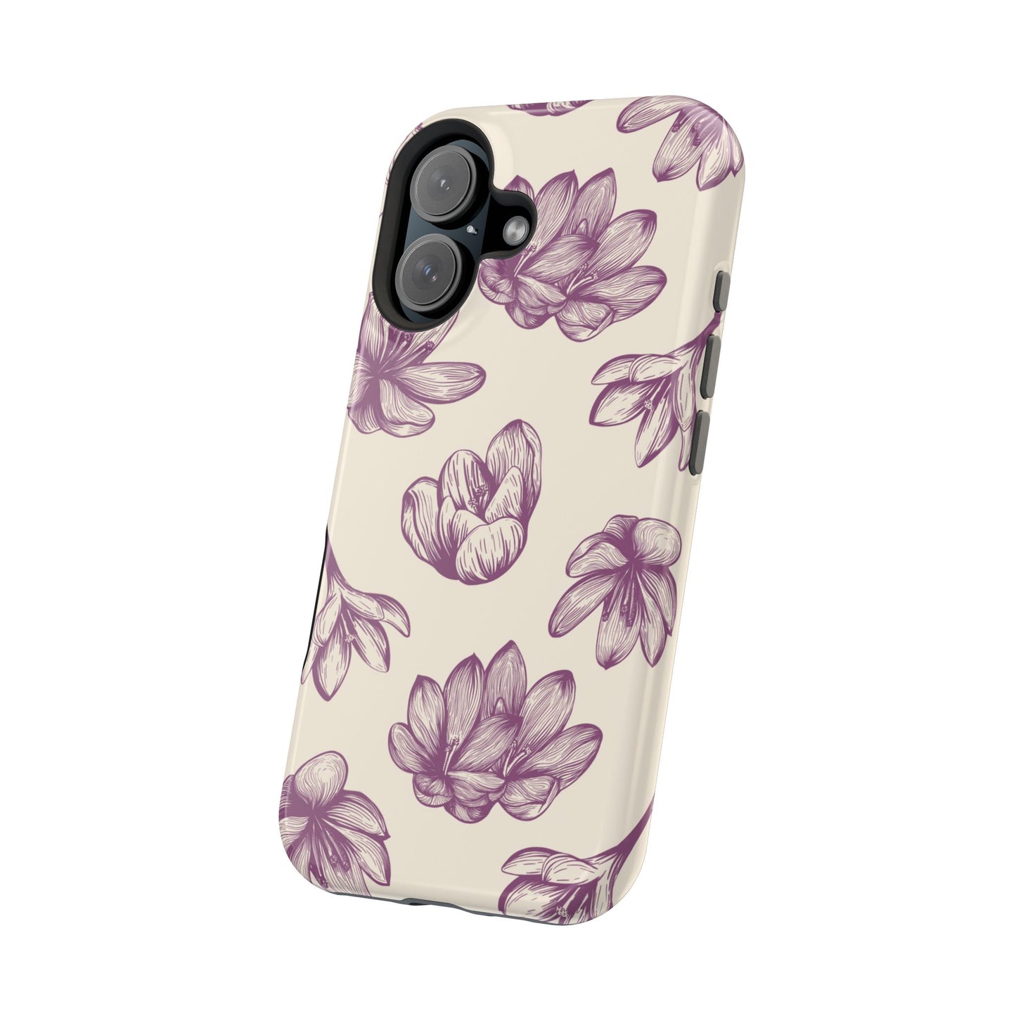 Vintage Botanical Floral Tough MagSafe iPhone Case – Hand-Drawn Purple Flowers, Shockproof Design