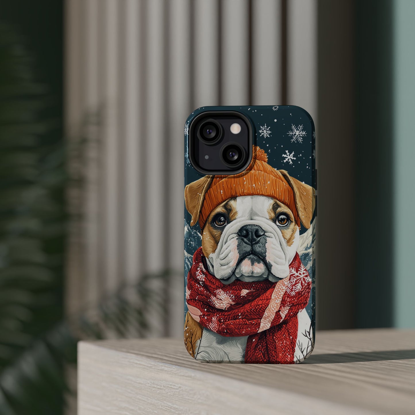 Cozy French Bulldog MagSafe iPhone Case – Rustic Fireplace Protective Cover