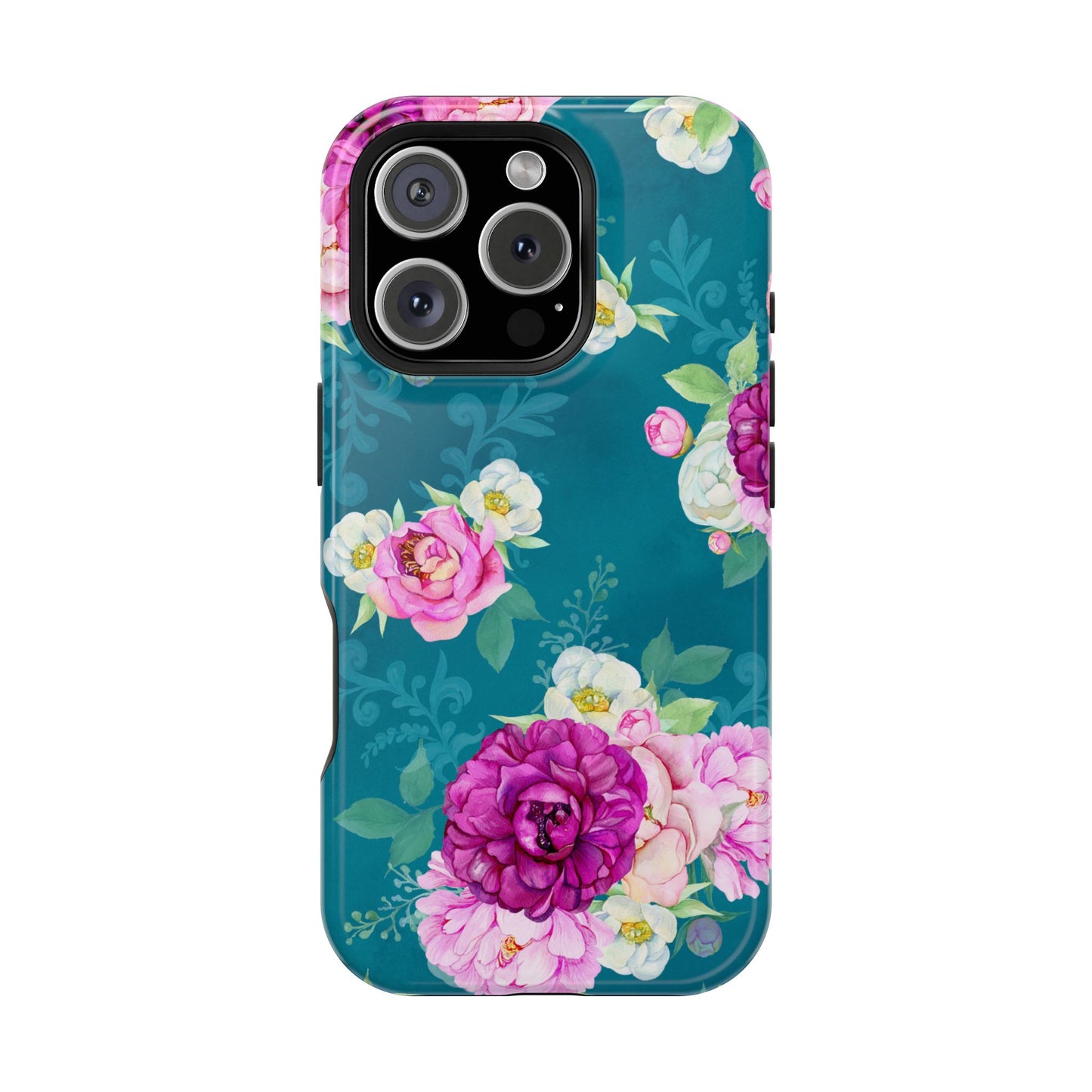 Elegant Peony Bouquet MagSafe iPhone Case – Deep Teal Background with Romantic Floral Design