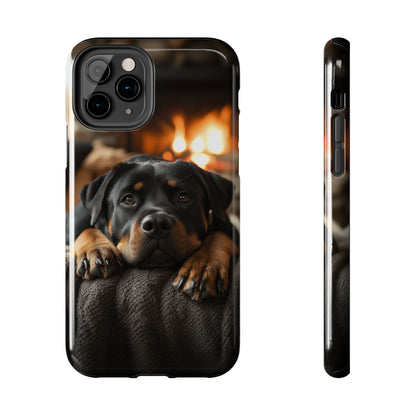 Cozy Rottweiler by the Fireplace iPhone Case – Warm Rustic Design