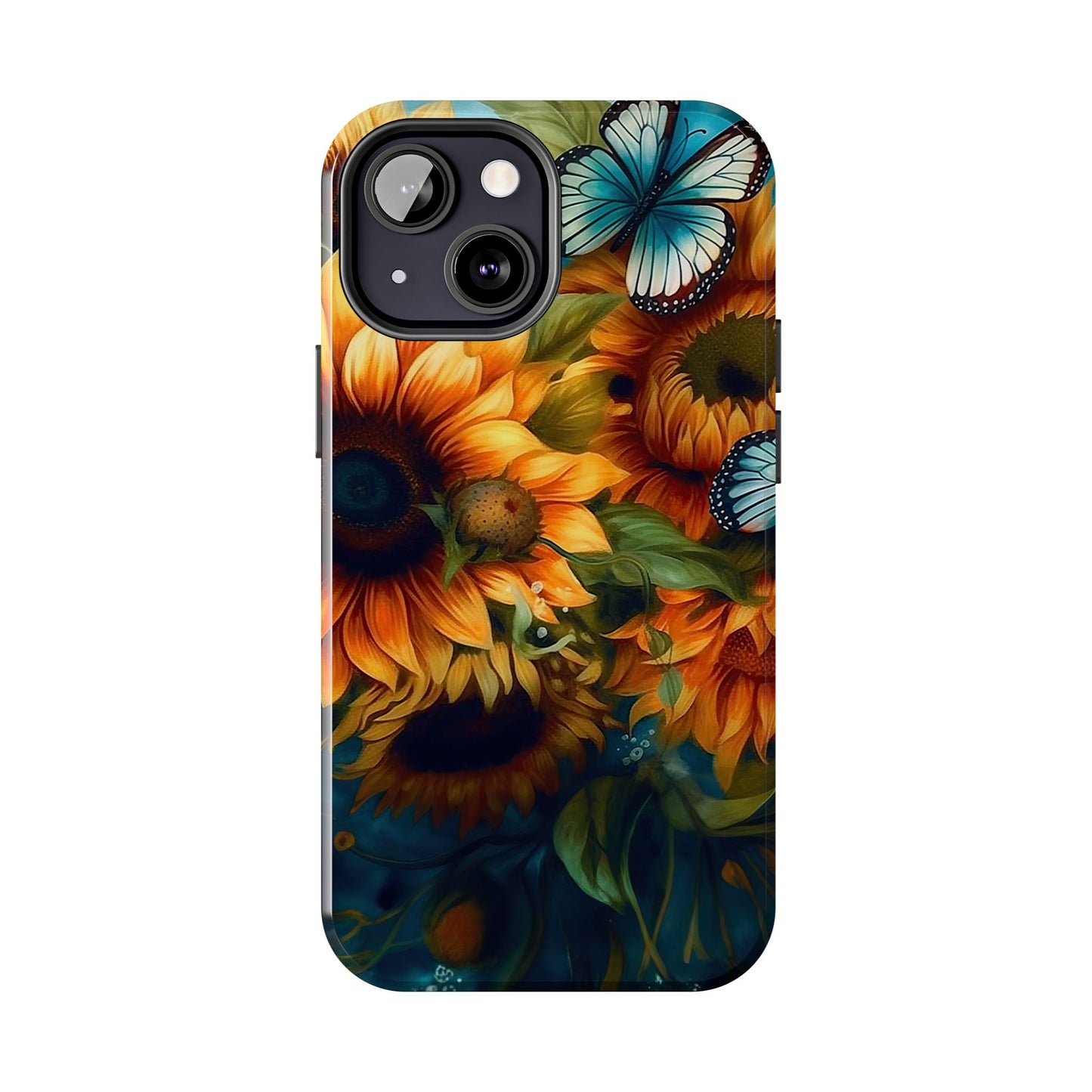 Aqua Blue Butterfly & Sunflower Art – iPhone Case