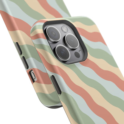 Earthy Retro Waves MagSafe iPhone Case – 70s-Inspired Wavy Stripes in Soft Green, Cream, and Rust