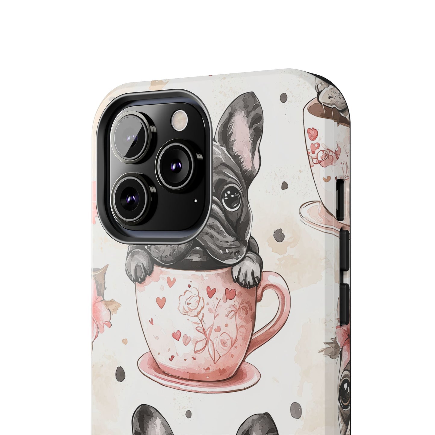 French Bulldogs in Teacups iPhone Case – Cute Dog Design with Hearts & Bows, Shockproof & Slim - BOGO Cases