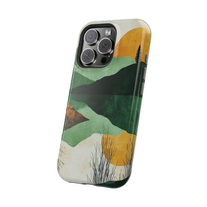 Retro Mountain Sunrise MagSafe iPhone Case – Minimalist Landscape Design, Dual-Layer Protection