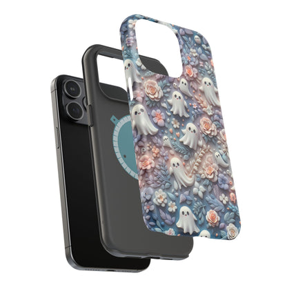 Cute MagSafe Ghosts Flowers Phone Case | Ethereal Clay Style | Autumn and Halloween Aesthetic | Tough Dual Layer Protection