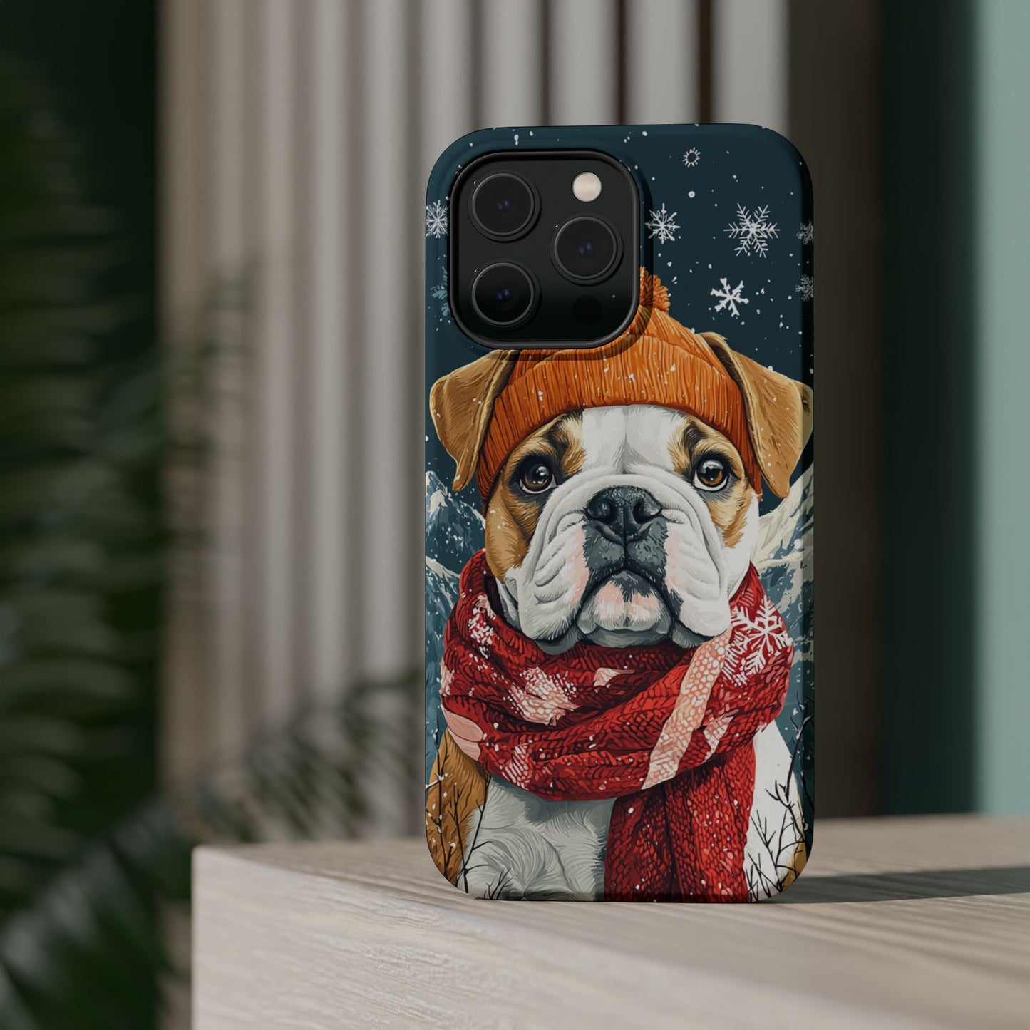 Cozy French Bulldog MagSafe iPhone Case – Rustic Fireplace Protective Cover