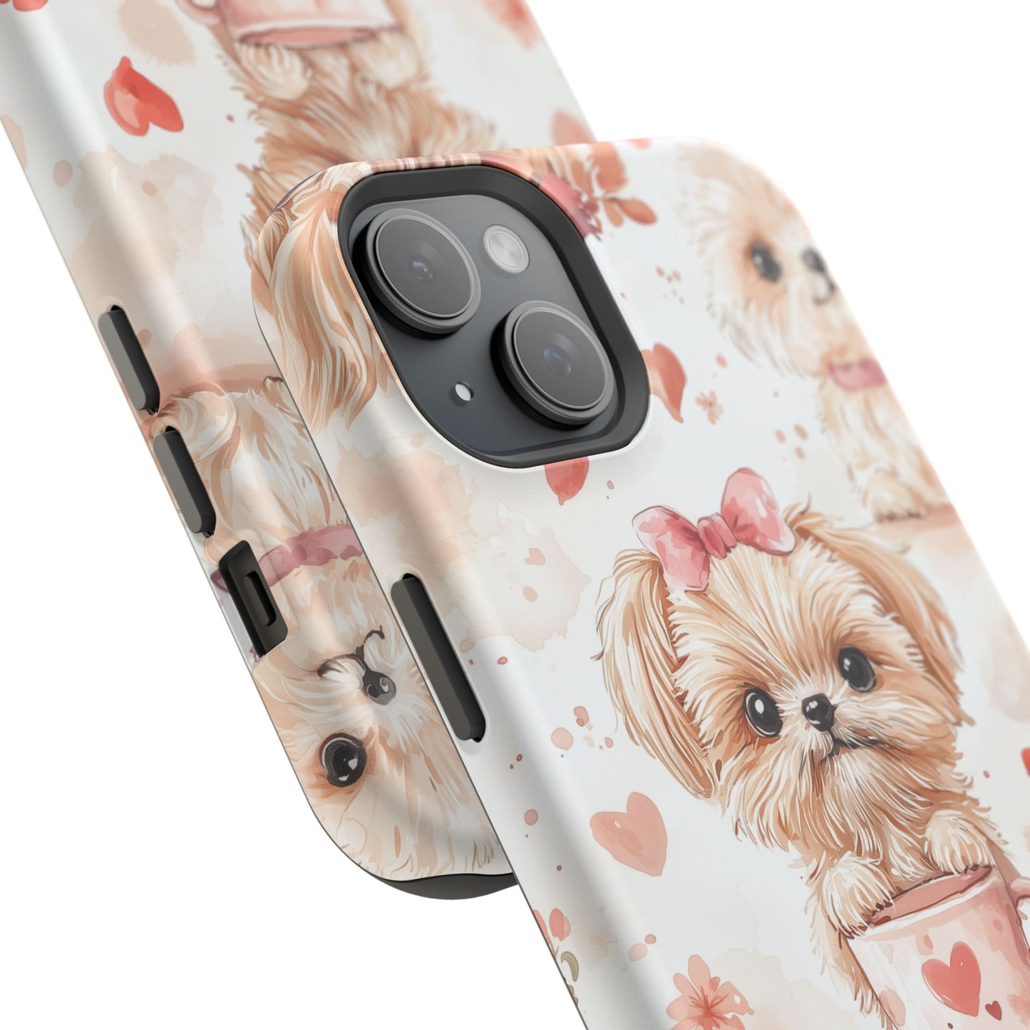 Puppies & Heart Mugs MagSafe iPhone Case – Sweet Dog & Floral Design, Shockproof & Slim