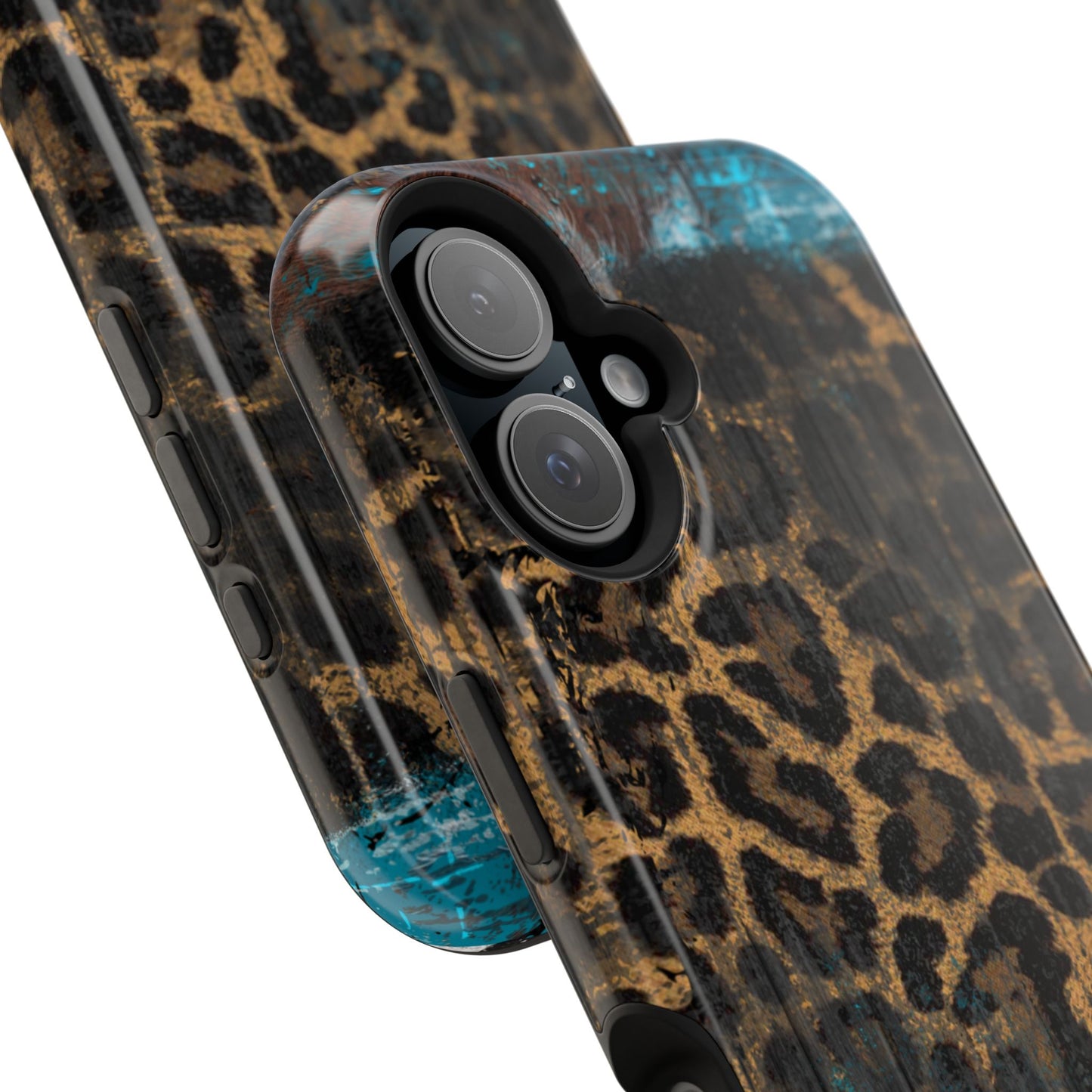 Boho Leopard and Turquoise Tough MagSafe iPhone Case – Rustic Western Design with Dual-Layer Protection