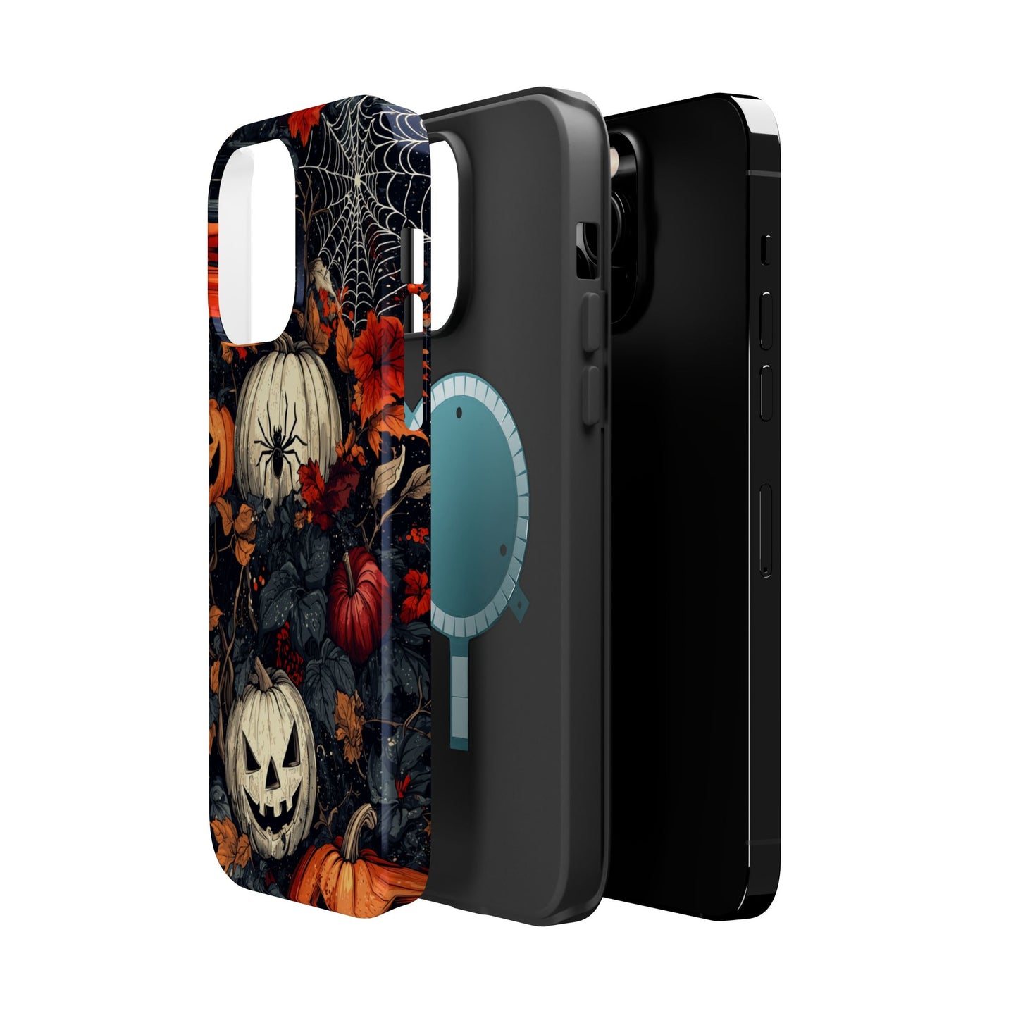 Hauntingly Elegant Halloween MagSafe iPhone Case – Pumpkins, Spiders, and Autumn Leaves Design