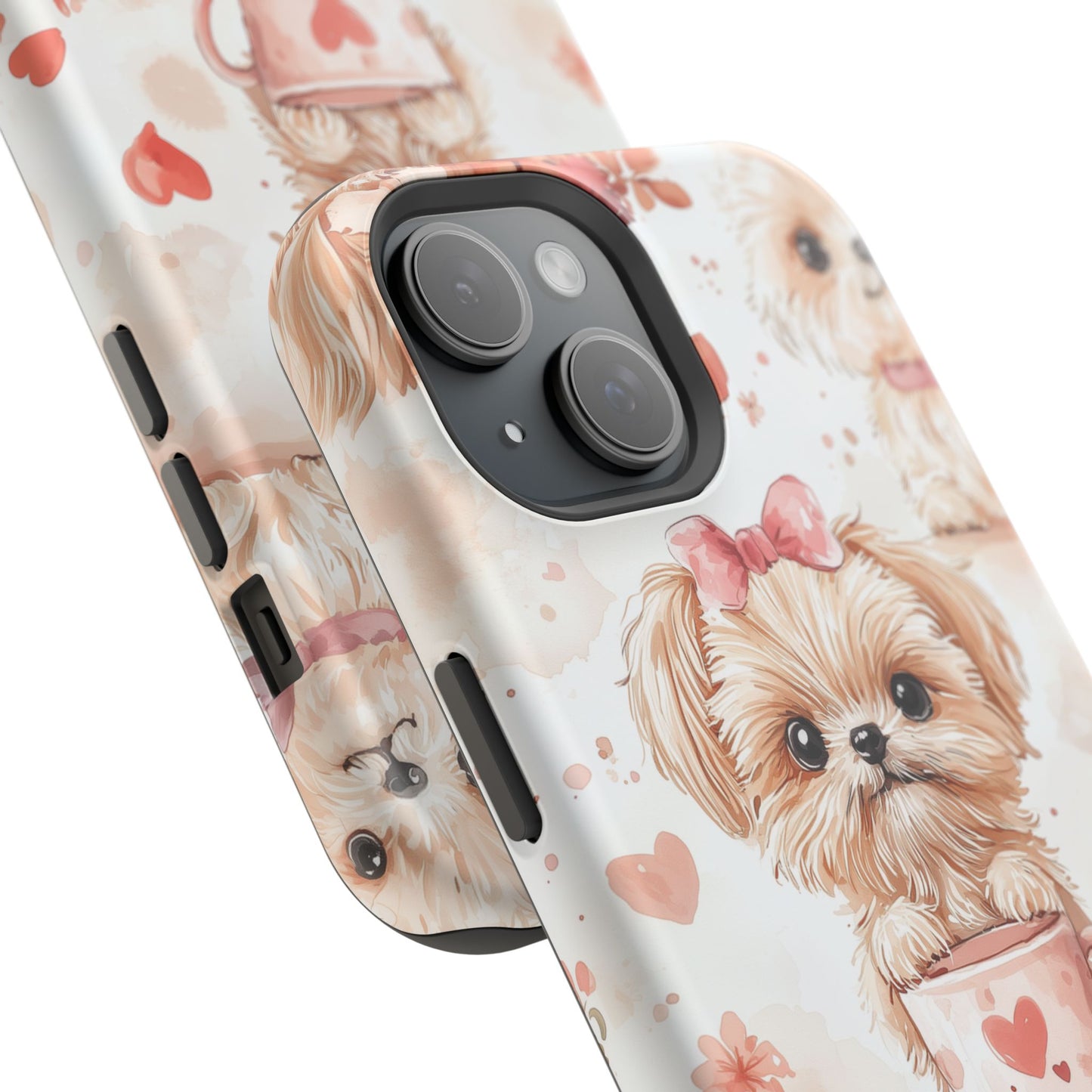 Puppies & Heart Mugs MagSafe iPhone Case – Sweet Dog & Floral Design, Shockproof & Slim