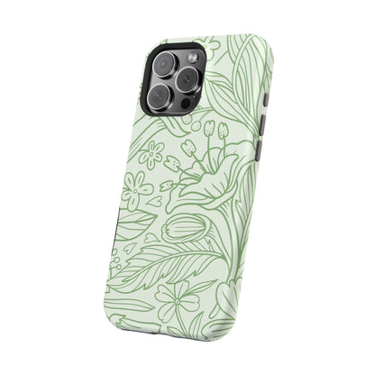 Sage Green Floral Line Art Tough MagSafe iPhone Case – Minimalist Botanical Design with Dual-Layer Protection