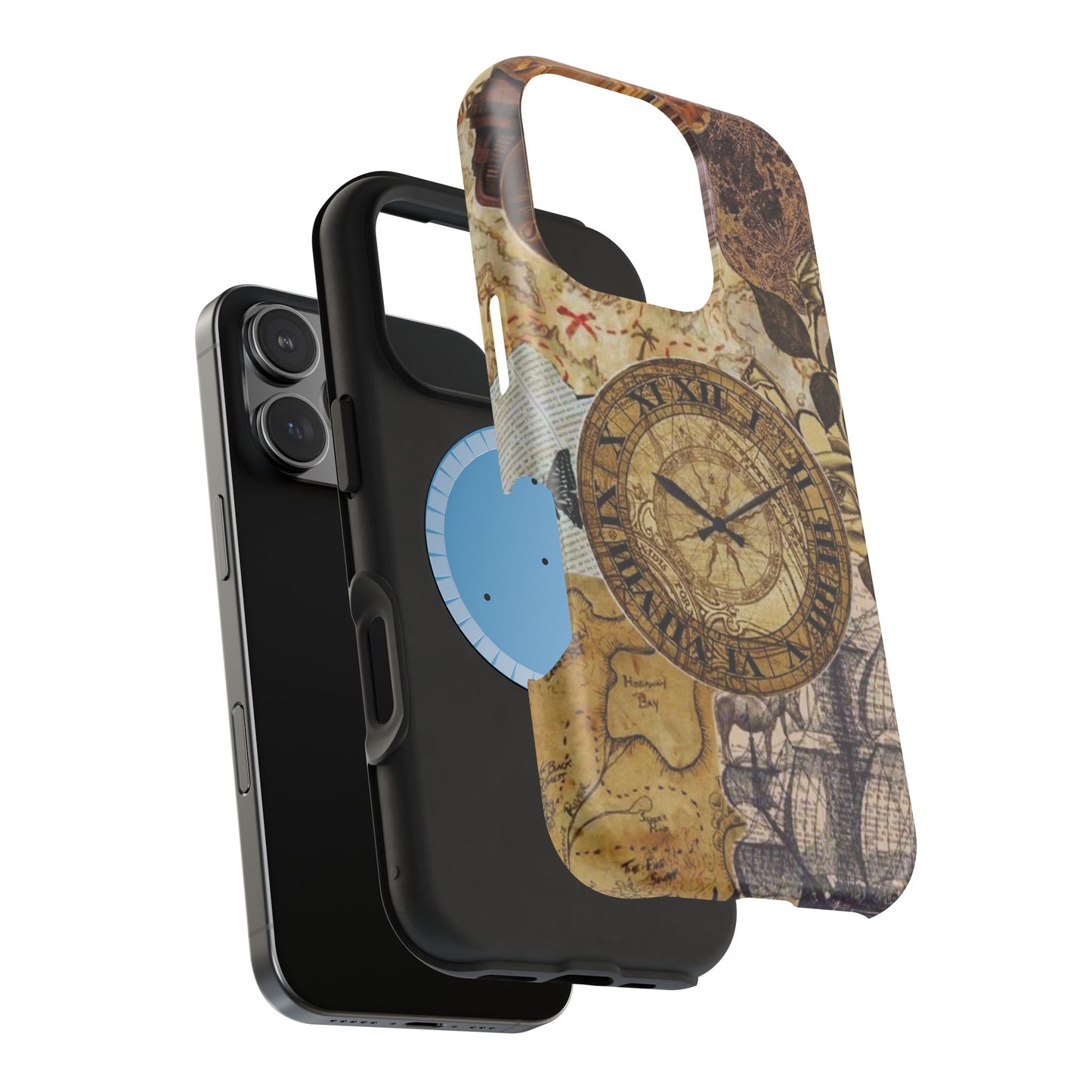 Steampunk Vintage Adventure MagSafe iPhone Case – Dual-Layer Protection with Antique Map and Clock Design