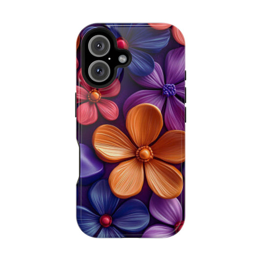 Bold Floral 3D MagSafe iPhone Case – Vivid Purple and Orange Flower Design, Shock-Resistant