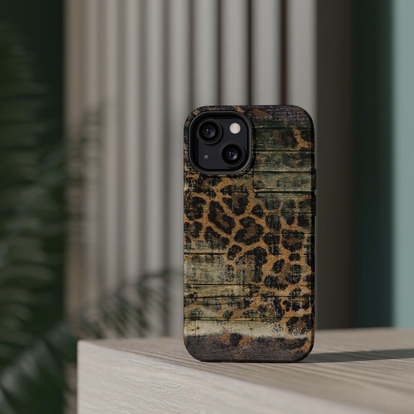 Rustic Wood and Leopard Print Tough MagSafe iPhone Case – Distressed Western Design with Dual-Layer Protection