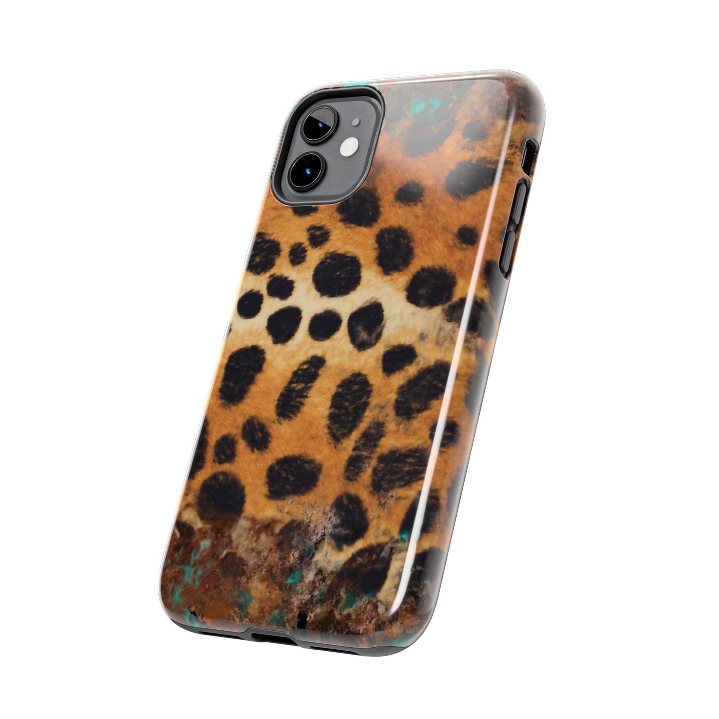 Rustic Leopard Print Tough iPhone Case – Distressed Turquoise and Animal Pattern with Dual-Layer Protection