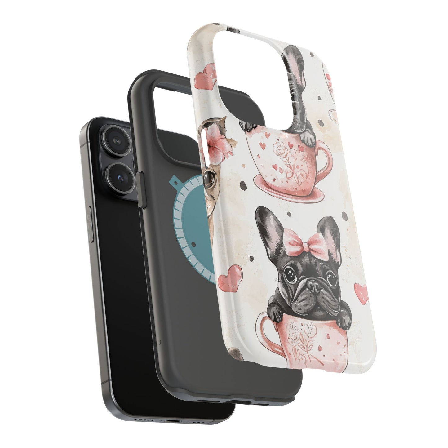 French Bulldogs in Teacups MagSafe iPhone Case – Cute Dog Design with Hearts & Bows, Shockproof & Slim