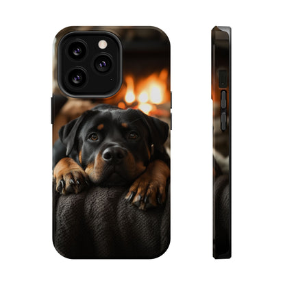 Cozy Rottweiler by the Fireplace MagSafe iPhone Case – Warm Rustic Design