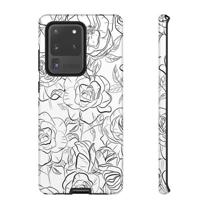 Monochrome Rose Garden Tough Samsung Galaxy Case – Elegant Floral Line Art with Dual-Layer Protection