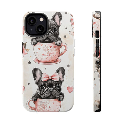 French Bulldogs in Teacups MagSafe iPhone Case – Cute Dog Design with Hearts & Bows, Shockproof & Slim