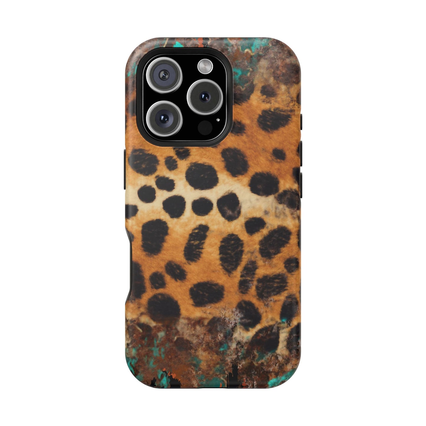 Rustic Leopard Print Tough MagSafe iPhone Case – Distressed Turquoise and Animal Pattern with Dual-Layer Protection