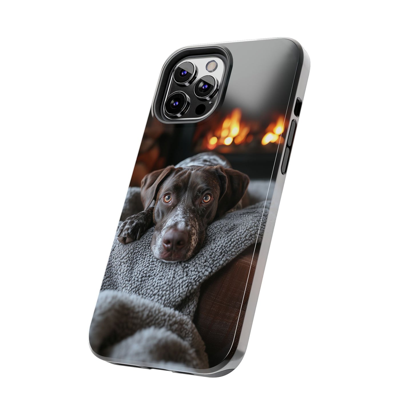 Cozy German Shorthaired Pointer iPhone Case – Rustic Fireplace Protective Cover