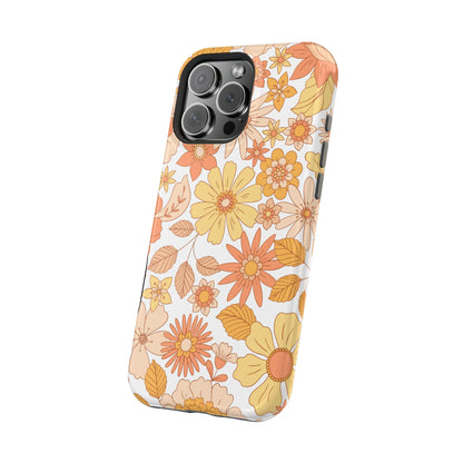 Vintage Floral Bloom MagSafe iPhone Case – Warm Orange & Yellow Retro Flower Design with Matte Finish