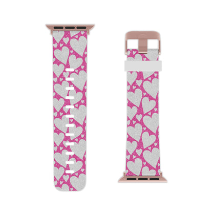 Pink and Silver Glitter Heart Pattern Apple Watch Band