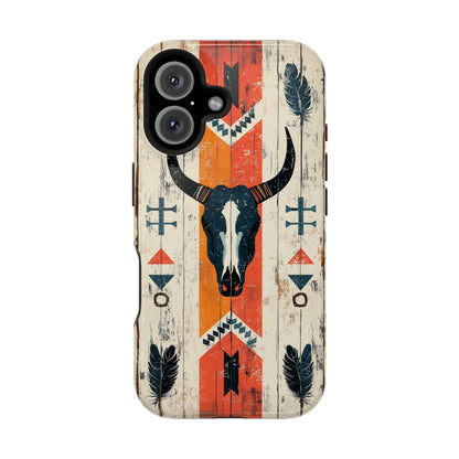 Rustic Western Bull Skull Tough MagSafe iPhone Case – Distressed Wood Design, Dual-Layer Protection