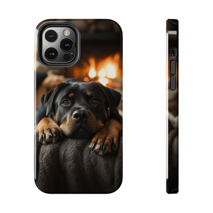 Cozy Rottweiler by the Fireplace iPhone Case – Warm Rustic Design