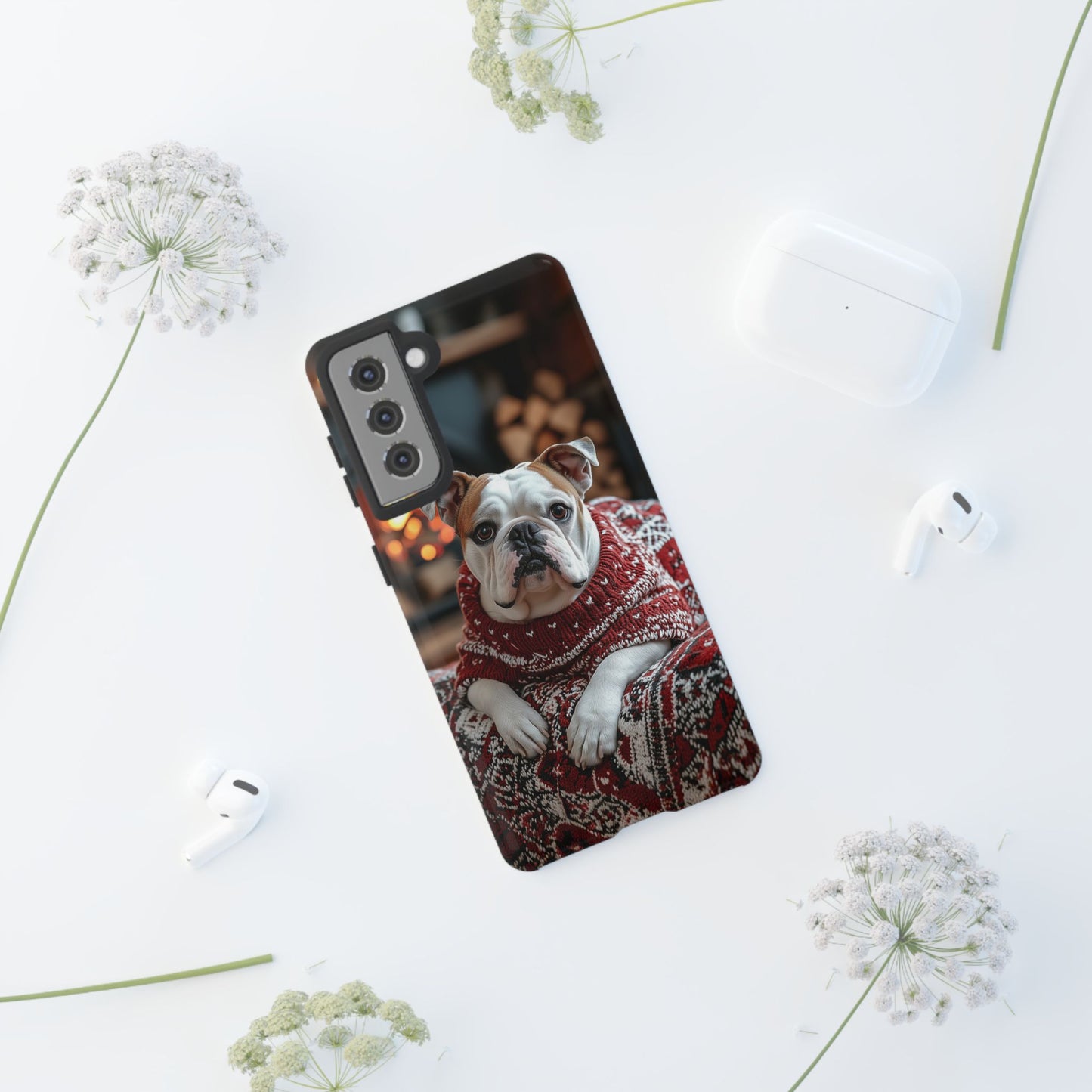 Cozy Bulldog in Sweater Samsung Galaxy Case – Festive Fireplace Protective Cove