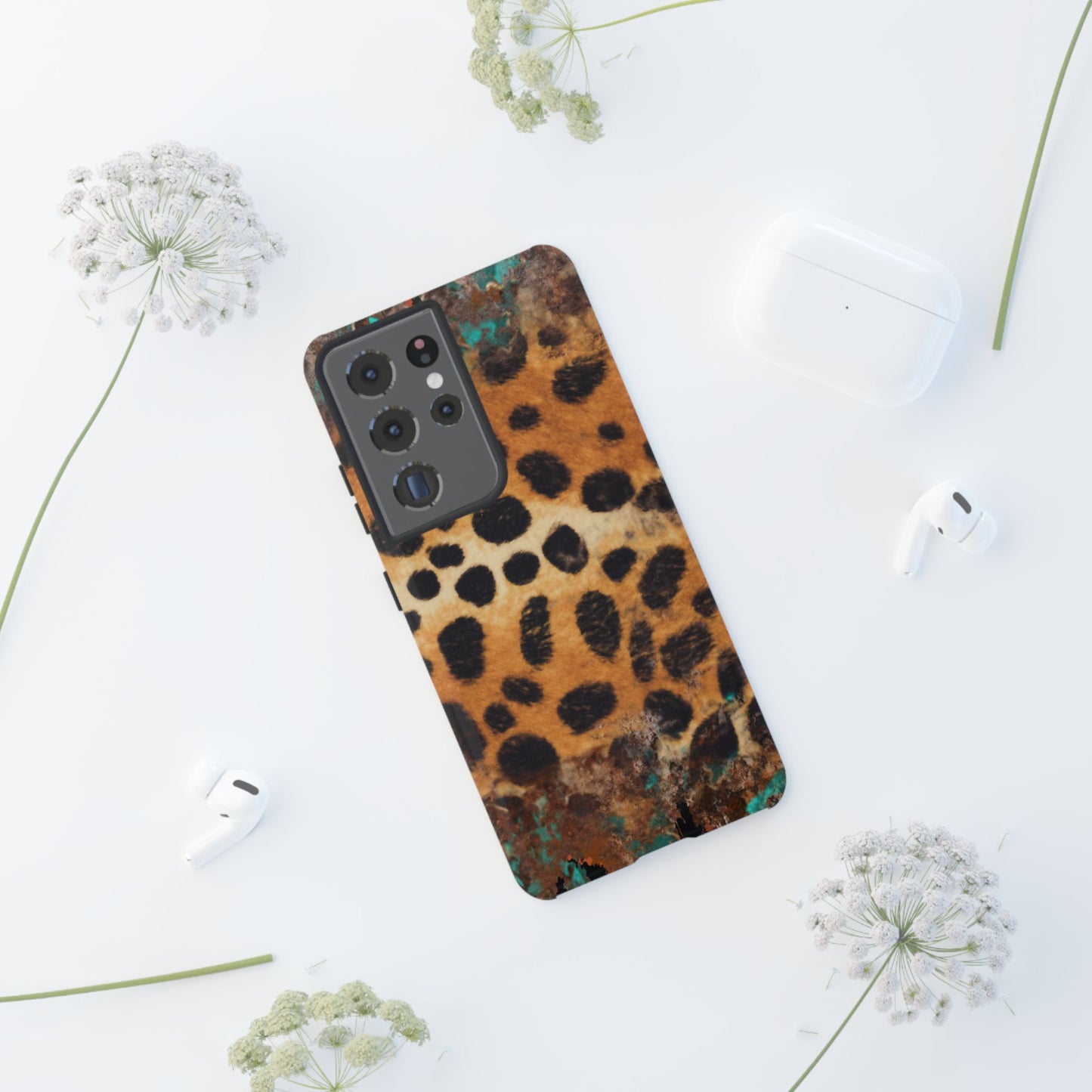 Rustic Leopard Print Tough Samsung Galaxy Case – Distressed Turquoise and Animal Pattern with Dual-Layer Protection