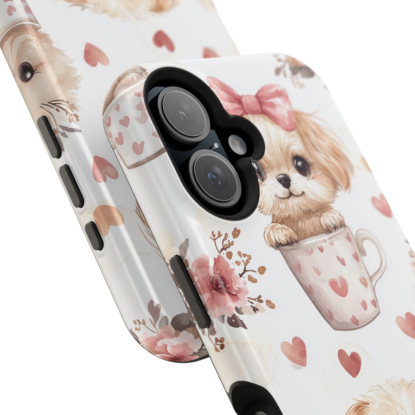 Cute Puppies in Heart MagSafe iPhone Case – Adorable Dog & Floral Design, Shockproof & Slim