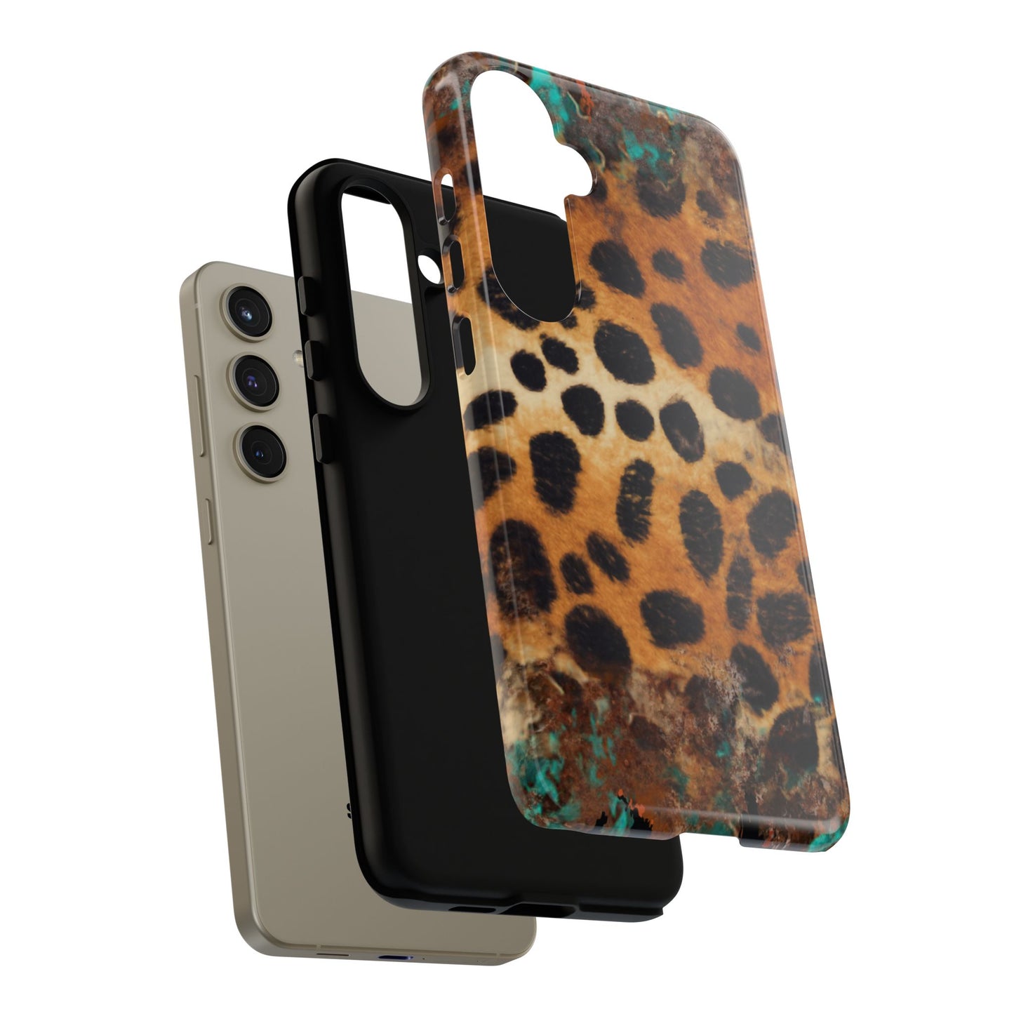 Rustic Leopard Print Tough Samsung Galaxy Case – Distressed Turquoise and Animal Pattern with Dual-Layer Protection