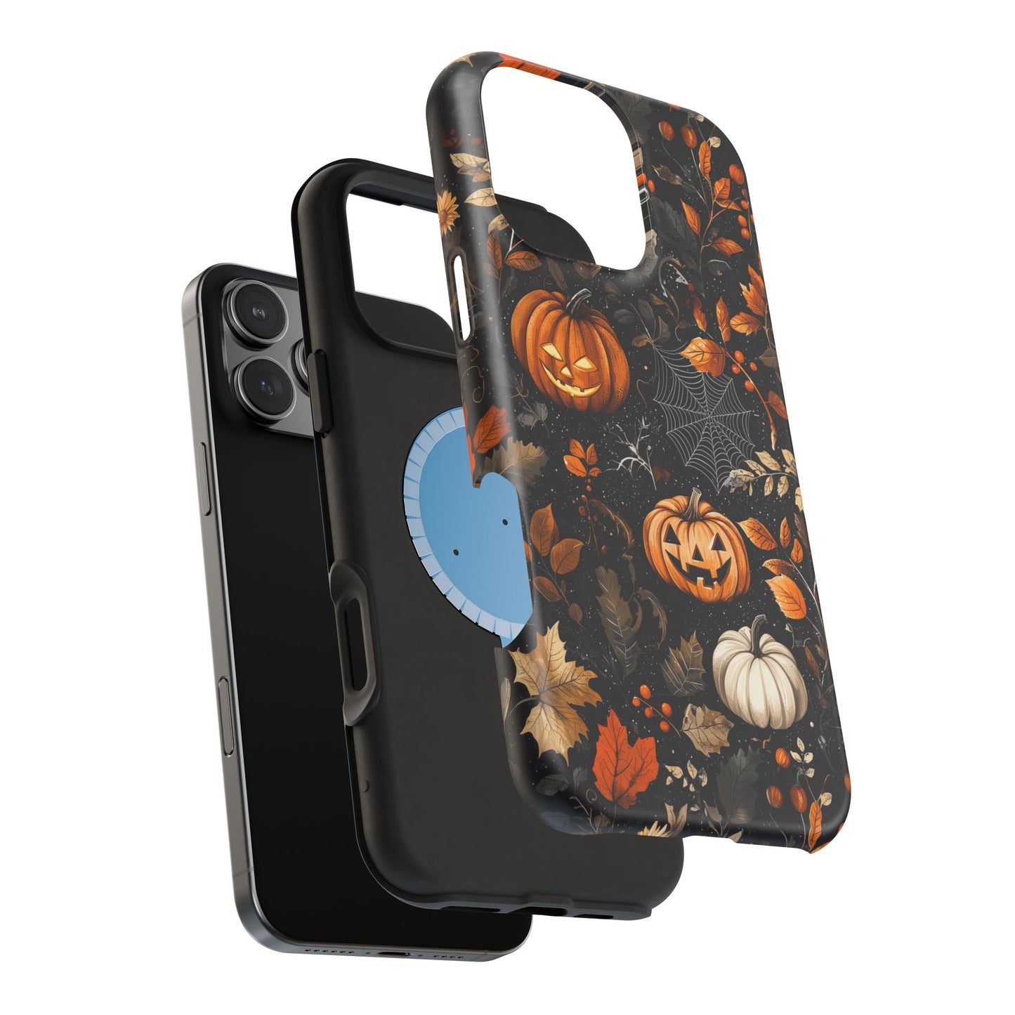 Elegant Halloween MagSafe iPhone Case – Pumpkin Jack-o'-Lanterns, Cobwebs & Autumn Foliage Design