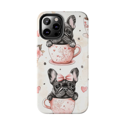 French Bulldogs in Teacups iPhone Case – Cute Dog Design with Hearts & Bows, Shockproof & Slim - BOGO Cases