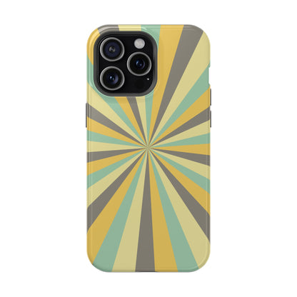 Vintage Sunburst Rays MagSafe iPhone Case – Bold 70s-Inspired Burst in Yellow, Mint, and Gray