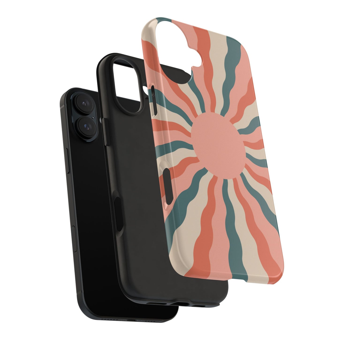 Retro Sunburst iPhone Case – Bold 70s-Inspired Waves in Coral, Teal, and Cream