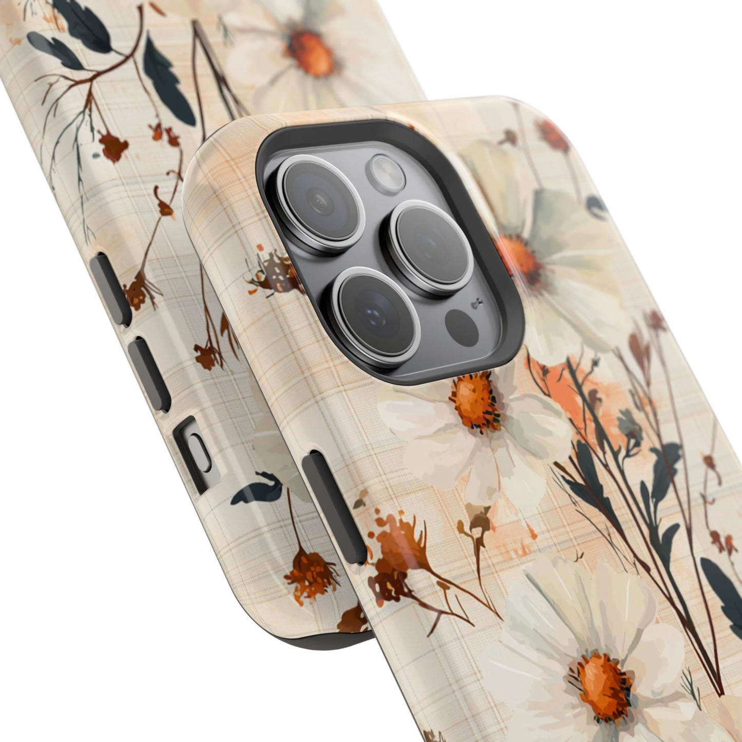 Pastel Orange Floral MagSafe iPhone Case - Elegant Plaid Protective Cover