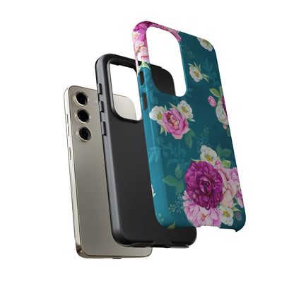 Elegant Peony Bouquet Samsung Galaxy Case – Deep Teal Background with Romantic Floral Design