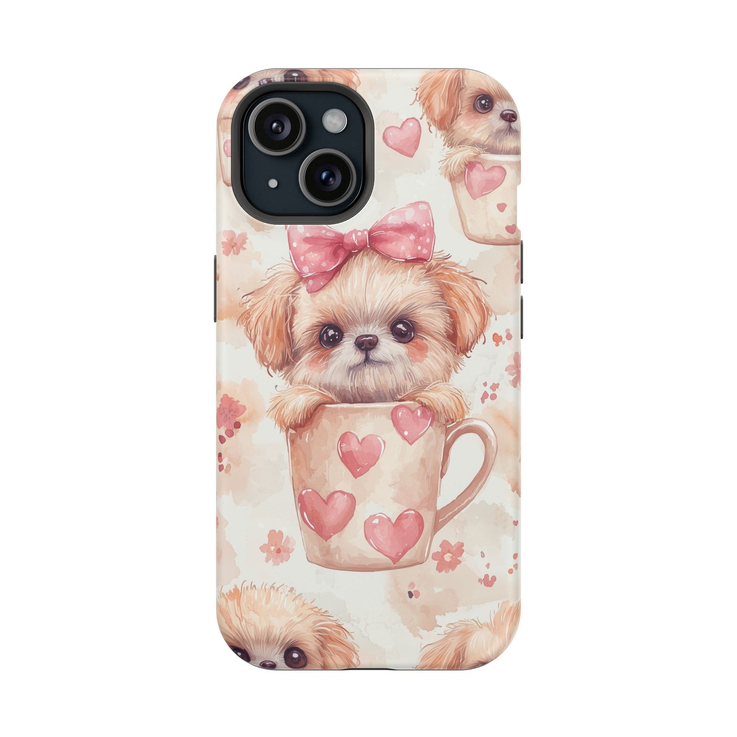 Adorable Puppy in Teacup MagSafe iPhone Case – Tough, Dual-Layer Protection with Cute Pink Bow Design