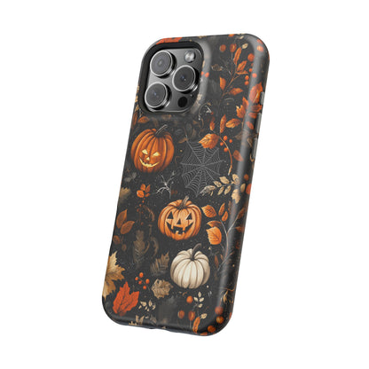 Elegant Halloween MagSafe iPhone Case – Pumpkin Jack-o'-Lanterns, Cobwebs & Autumn Foliage Design