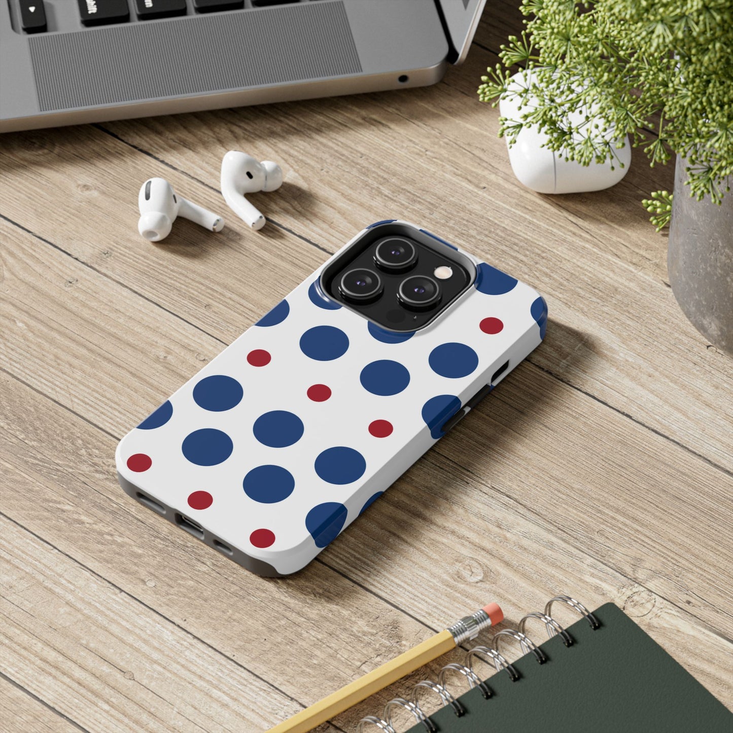 Bold Navy & Red Polka Dot Pattern – iPhone Case