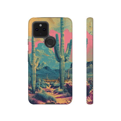 Desert Oasis Retro Cactus Phone Case - Vibrant Sunset Landscape for iPhone 15/14/13/12, Samsung S24/S23/S22/S21, & Google Pixel