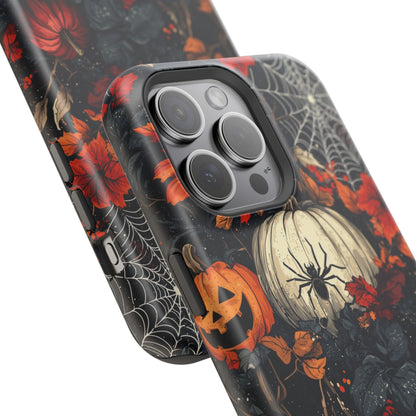 Hauntingly Elegant Halloween MagSafe iPhone Case – Pumpkins, Spiders, and Autumn Leaves Design