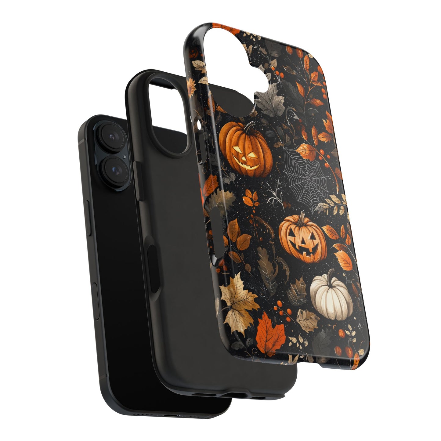 Elegant Halloween iPhone Case – Pumpkin Jack-o'-Lanterns, Cobwebs & Autumn Foliage Design