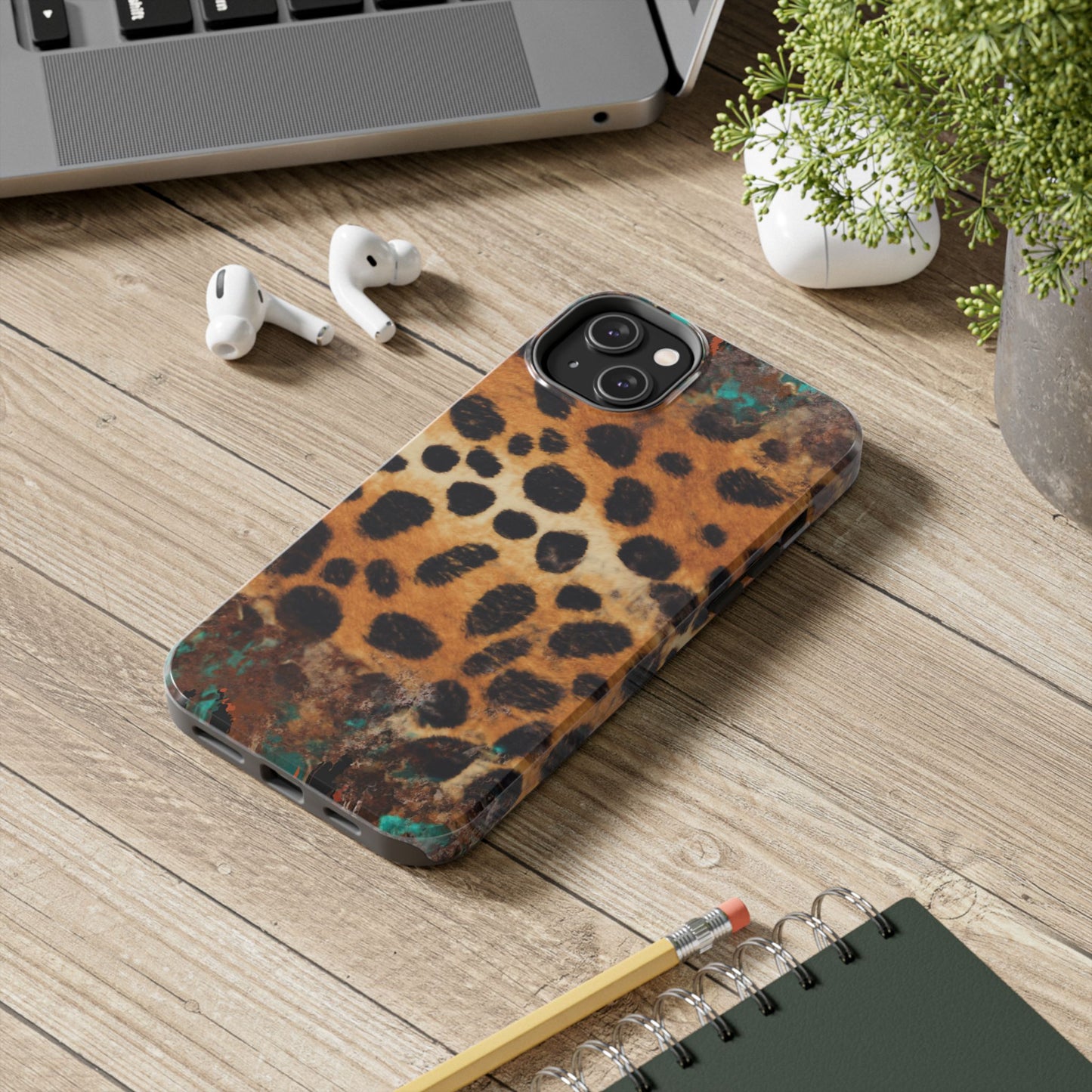 Rustic Leopard Print Tough iPhone Case – Distressed Turquoise and Animal Pattern with Dual-Layer Protection