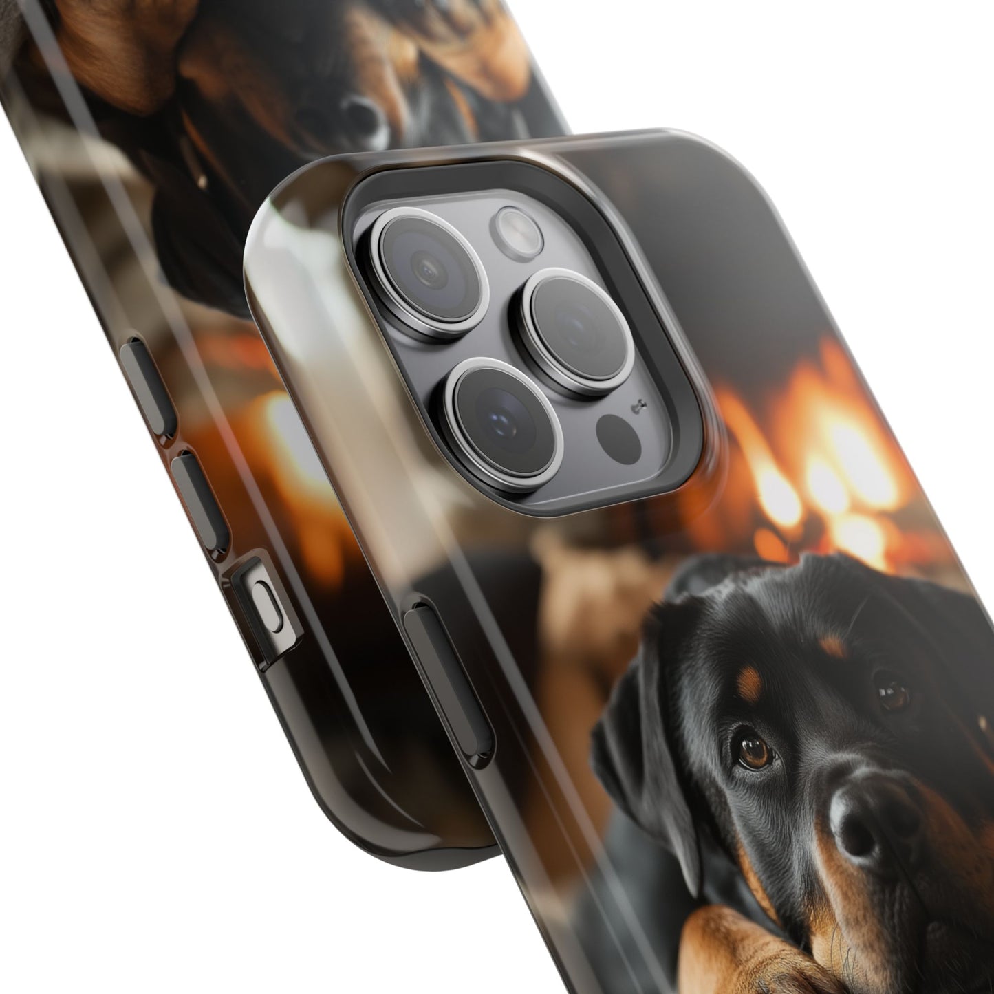 Cozy Rottweiler by the Fireplace MagSafe iPhone Case – Warm Rustic Design